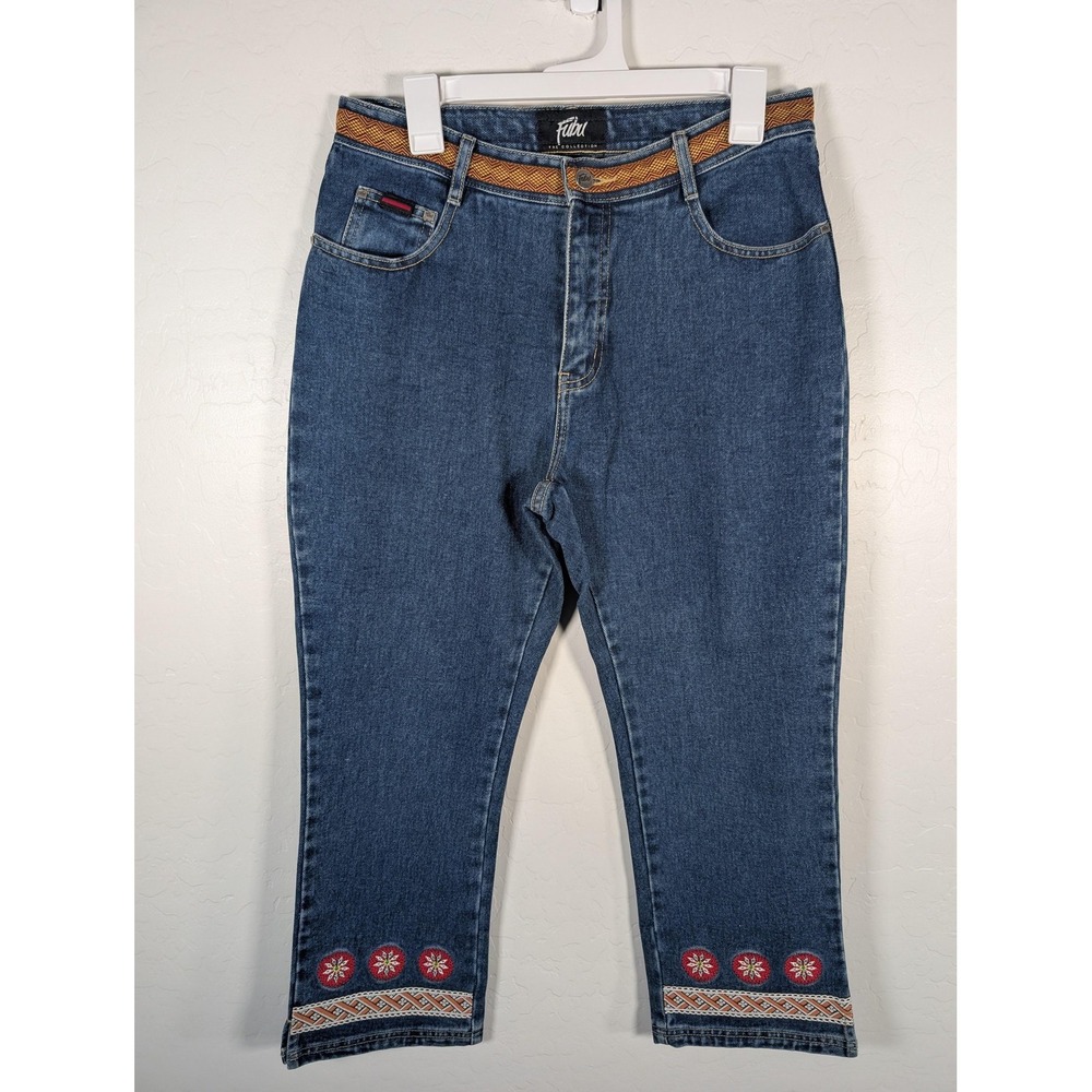 FUBU‎ The Collection Jeans Womens W13/14 Embroidered Capri Y2K Ribbon Trim Blue